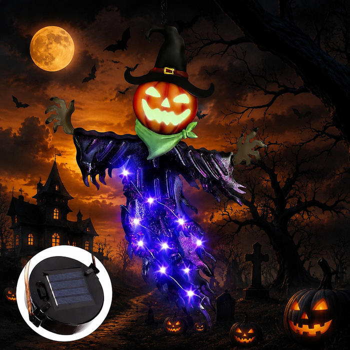 Solar Pumpkin Scarecrow Hanging Light – Purple Glow Halloween Decor