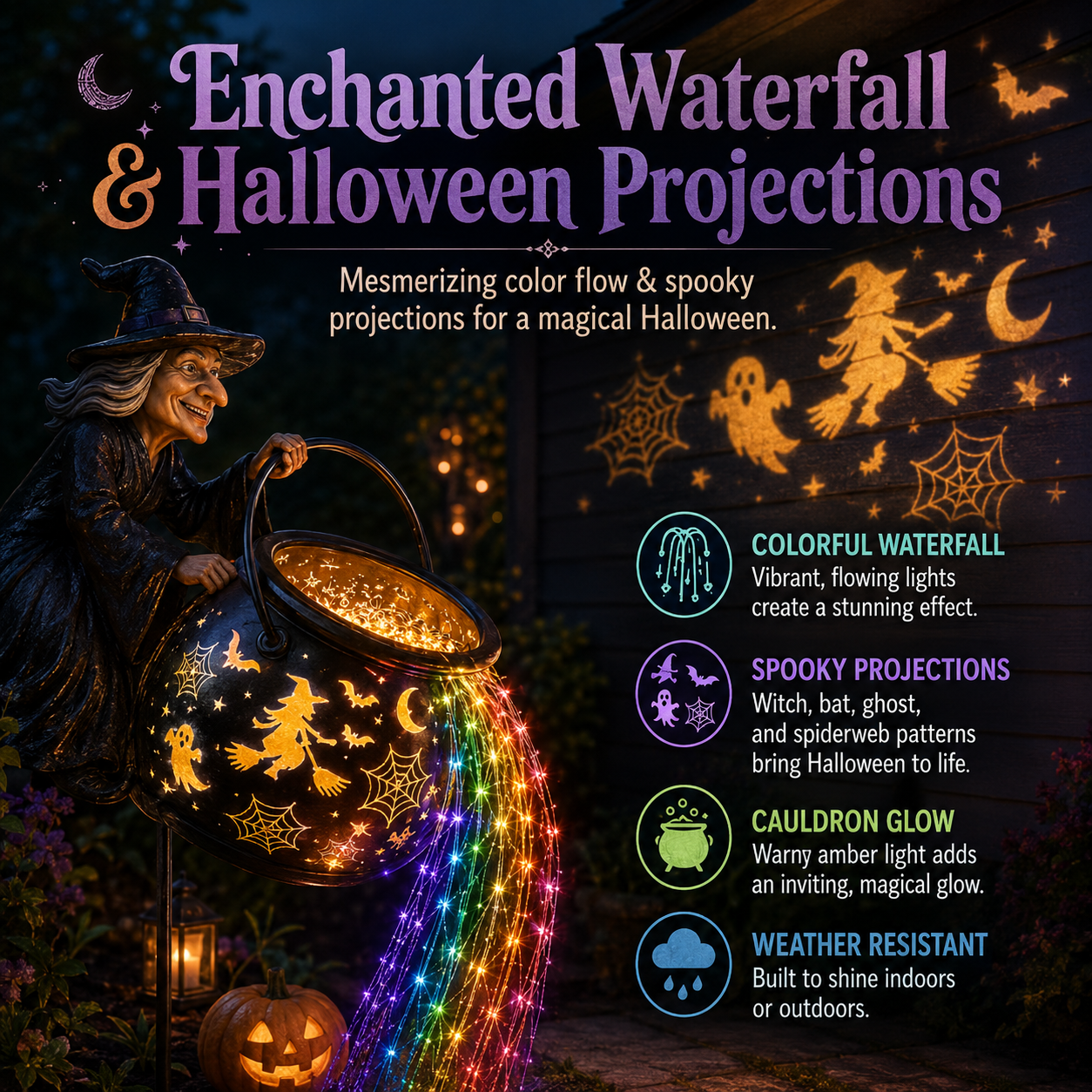 Witch’s Magic Cauldron Waterfall Lights – Halloween Garden Decor