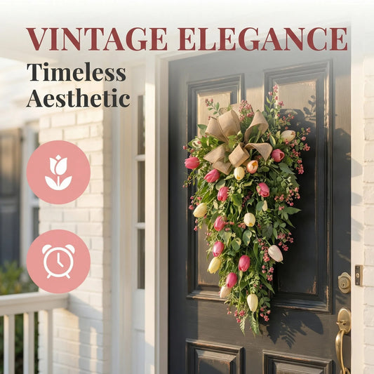 Artificial Tulip Door Swag with Greenery Leaves and Burlap Bow